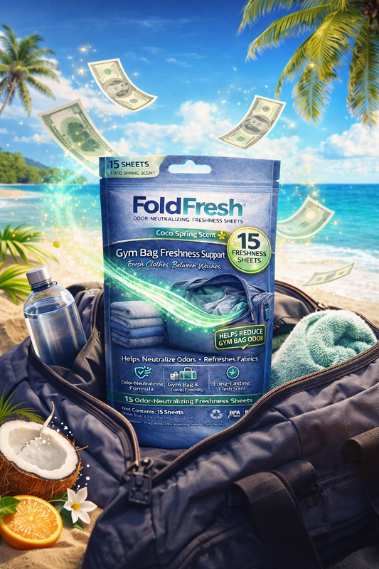 FoldFresh odor-eliminating sheet placed inside a gym bag to maintain freshness for up to 5–7 days