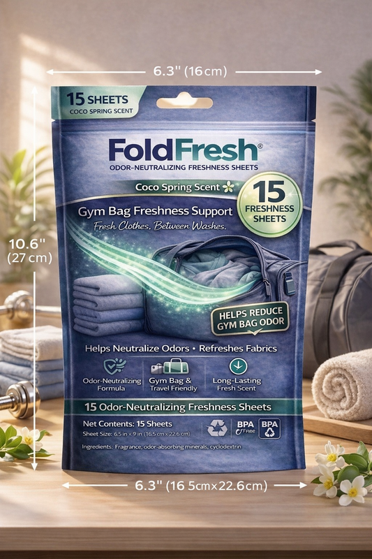 Using a FoldFresh sheet to eliminate gym bag odor and keep clothes fresh between washes.